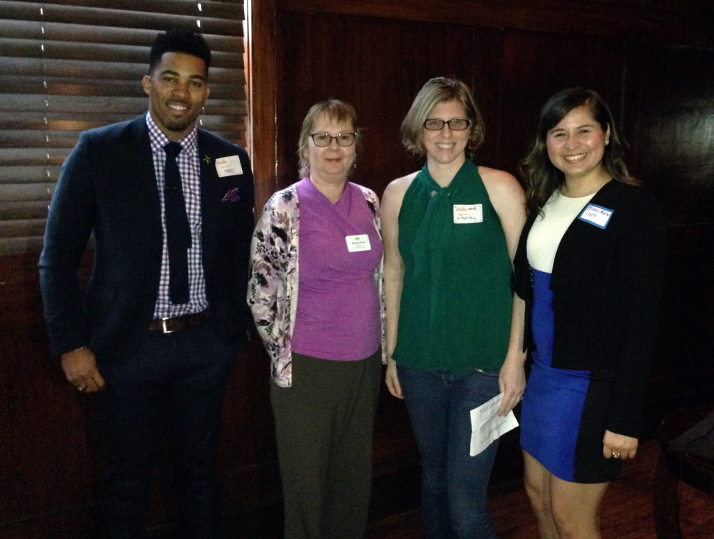 From left to right, Chris Lewis (NSBE), moderator Barbara Read (Dallas SWE), Ashley Dunn (Dallas SWE), and Brianne Martin (SHPE DFW)